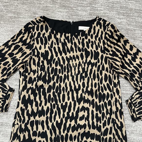 LOFT Dress Womens 8 Brown Black Animal Print Long Sleeve Shift Pockets Career - Picture 2 of 14